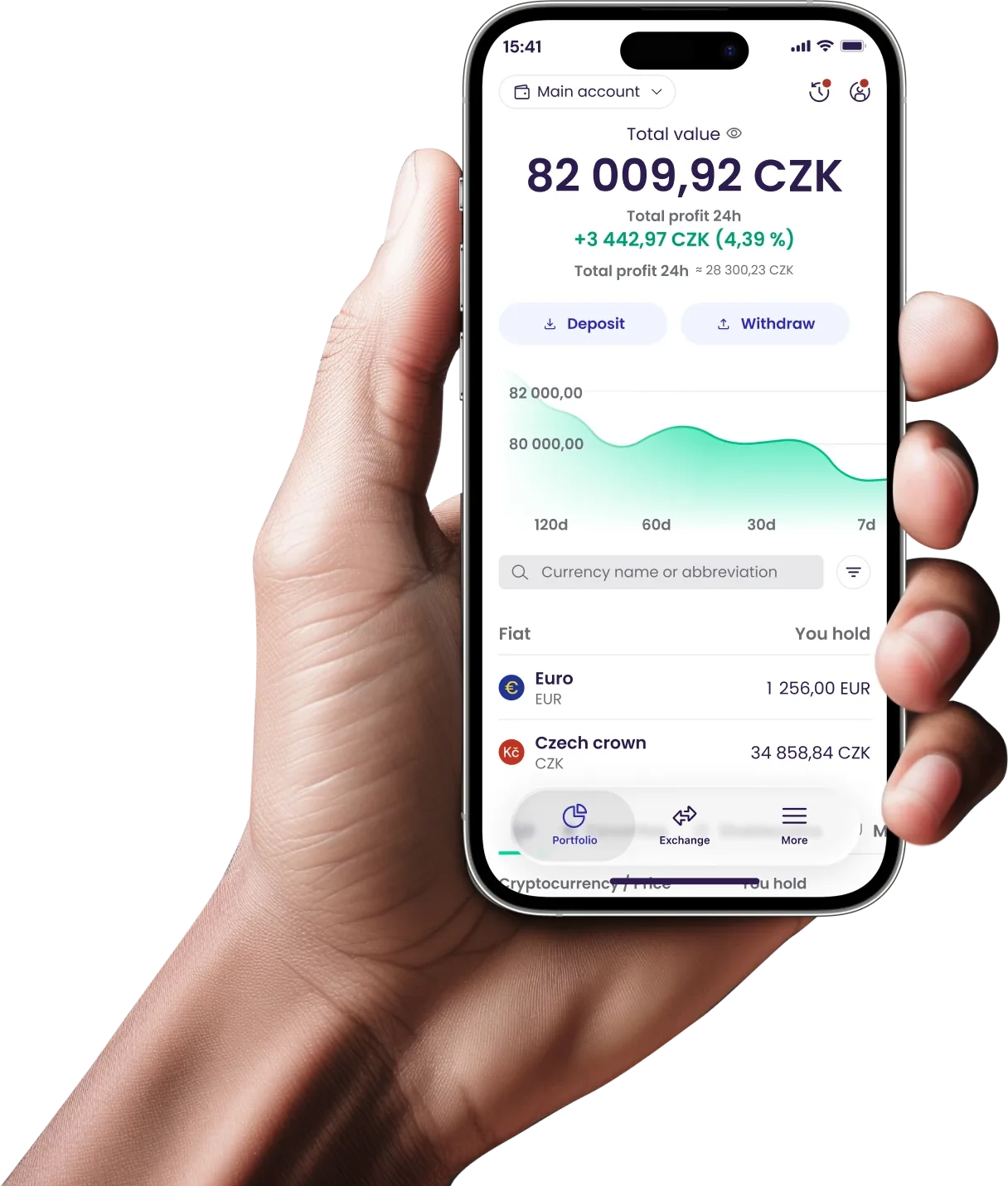 A hand holding a phone with the Coinmate app: total portfolio value, a chart, and a list of currencies