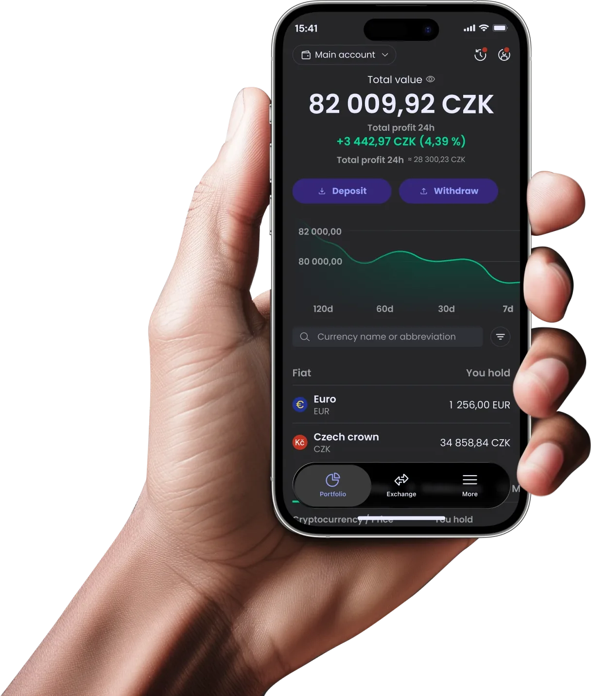 A hand holding a phone with the Coinmate app: total portfolio value, a chart, and a list of currencies