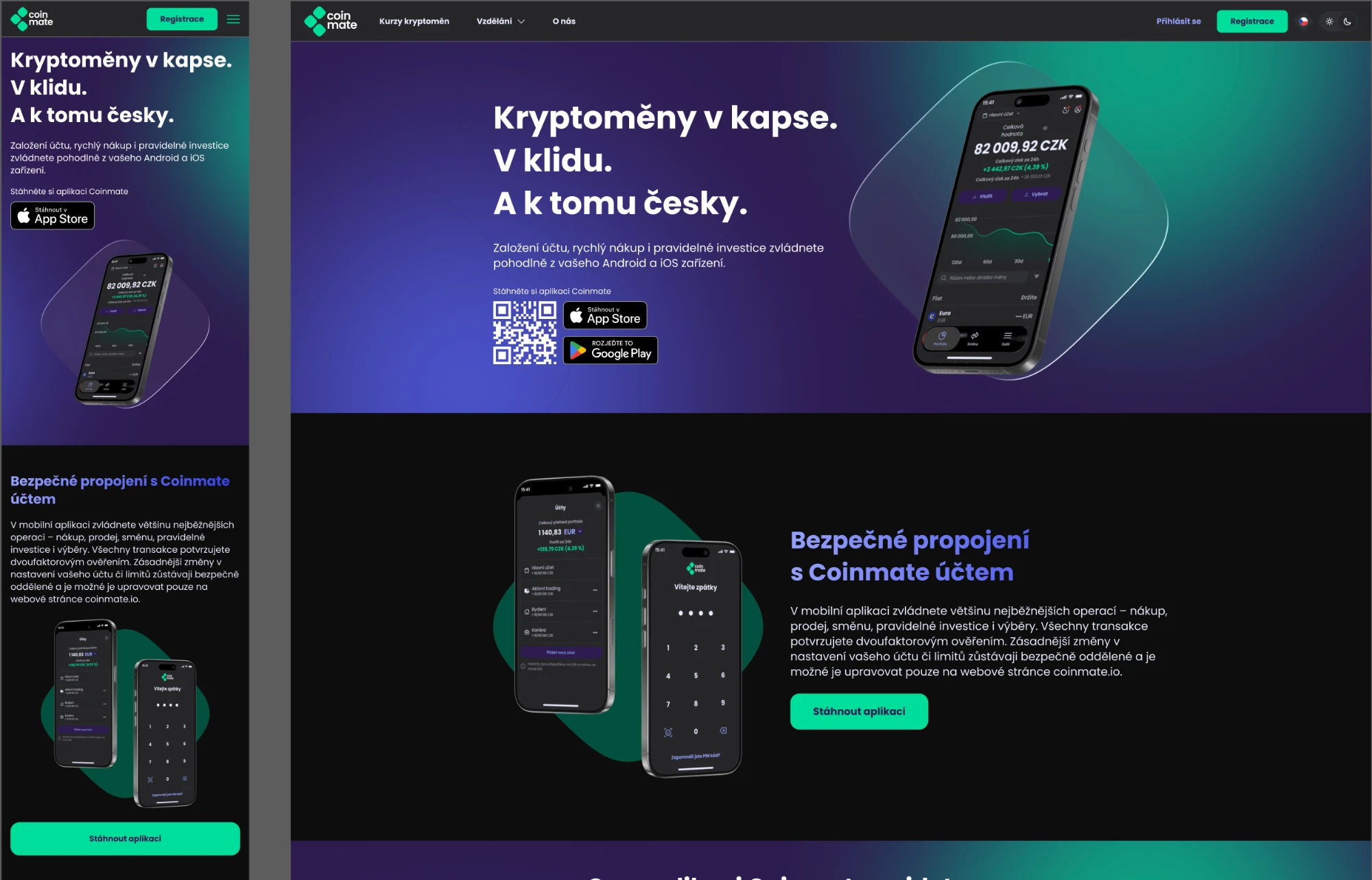 The mobile app page in the new brand, on a phone and on a desktop.