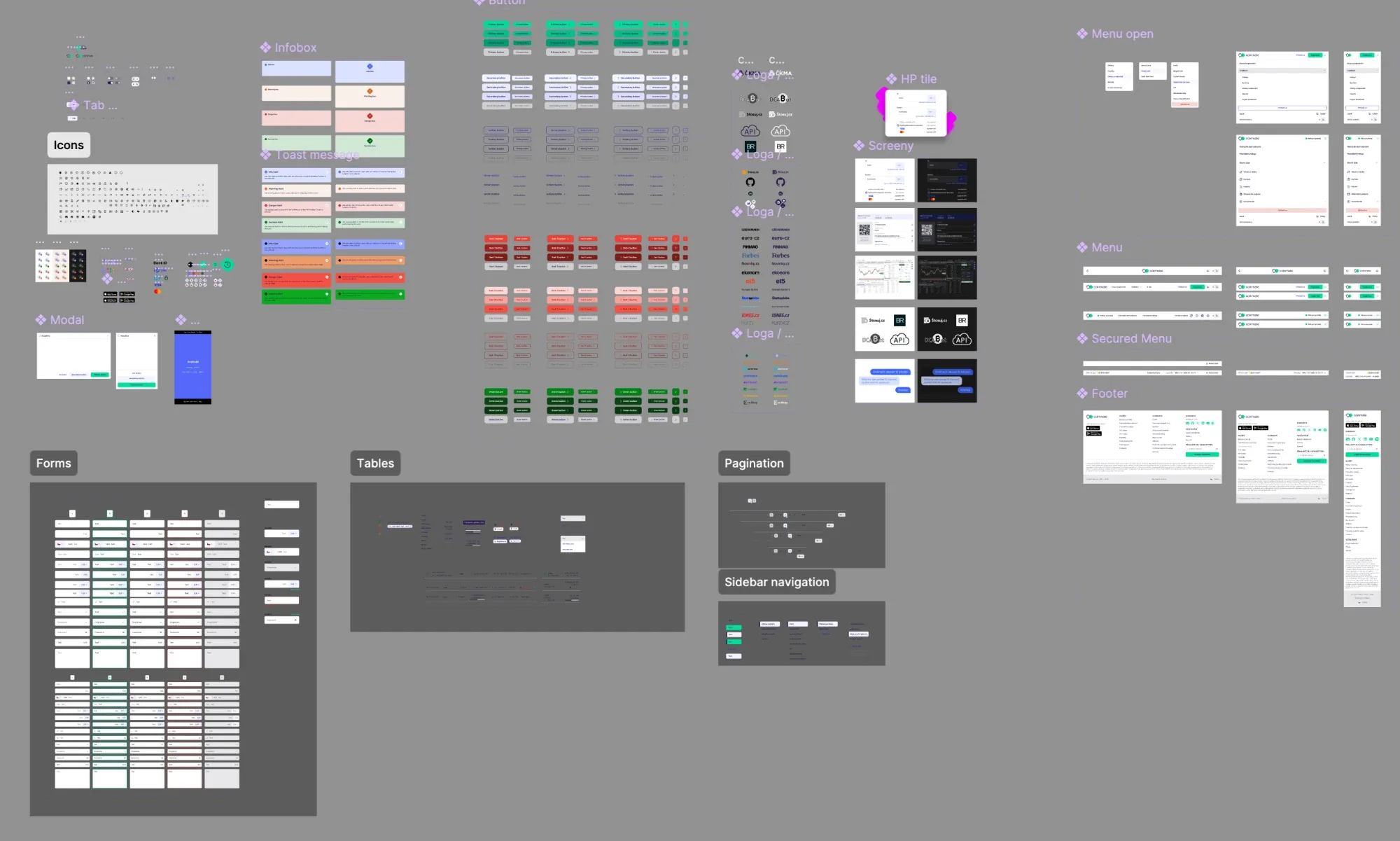 A page of the Coinmate design system in Figma: buttons, forms, tables, menus, icons, logos, and the footer