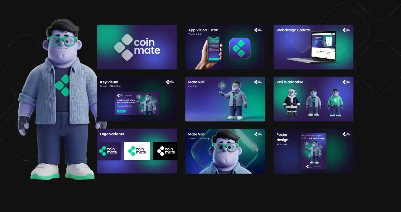 The new Coinmate brand in use: logo, app icon, website, banner, poster, and the Vali mascot