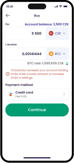 Coinmate app screen: buying bitcoin with Czech crowns