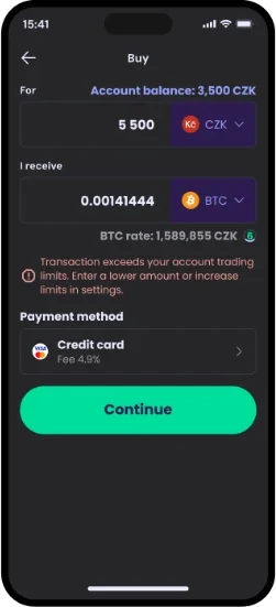 Coinmate app screen: buying bitcoin with Czech crowns