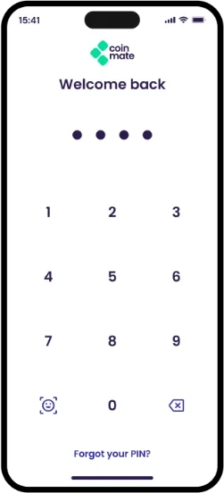 Coinmate app screen: signing in with a PIN