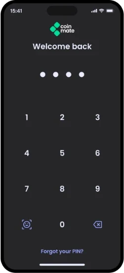 Coinmate app screen: signing in with a PIN