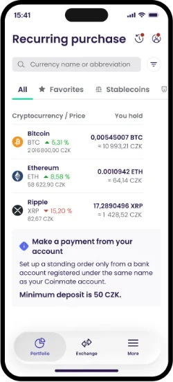 Coinmate app screen: recurring purchase