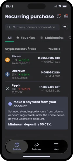 Coinmate app screen: recurring purchase