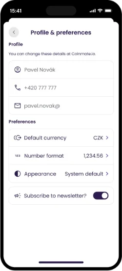 Coinmate app screen: profile and preferences