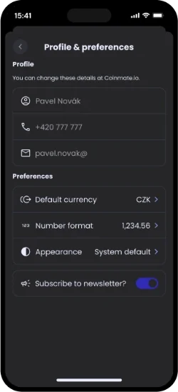 Coinmate app screen: profile and preferences