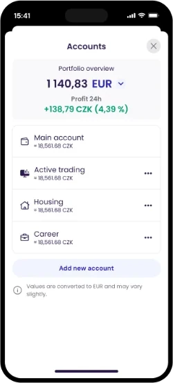 Coinmate app screen: accounts overview