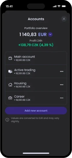 Coinmate app screen: accounts overview