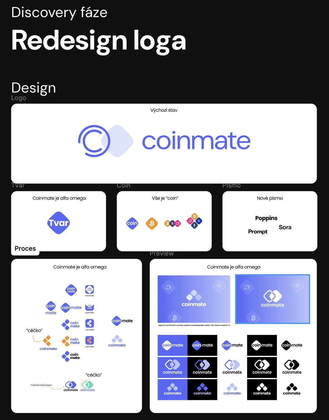 Logo redesign: the original logo, shape, coin motif, three typefaces, and variants on light and dark backgrounds