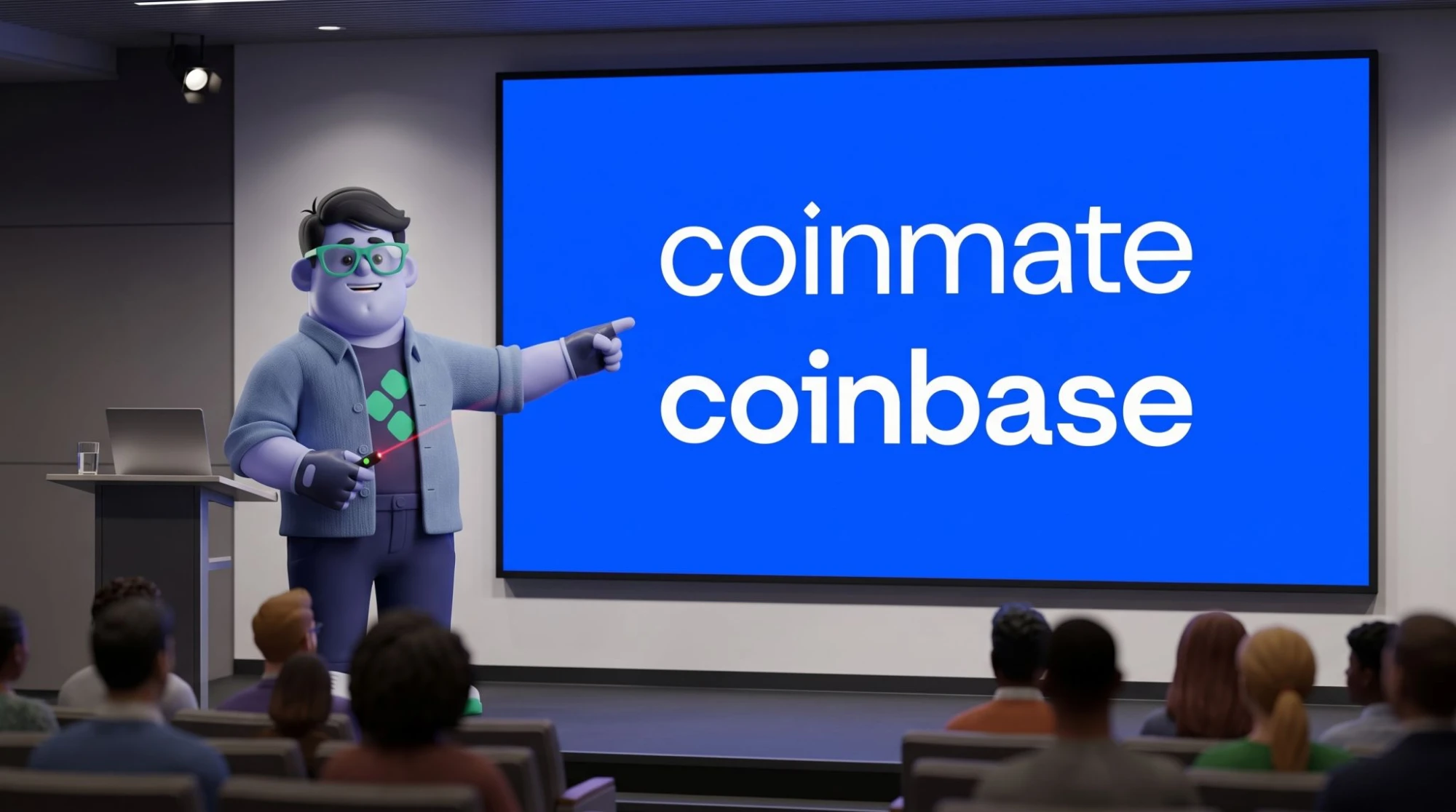A presenter points at a screen showing two similar names: coinmate and coinbase