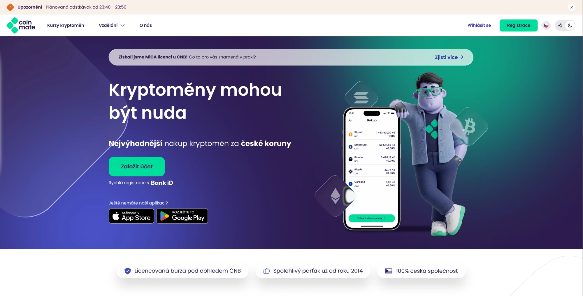 The new Coinmate website: new logo, green and purple palette, a mascot.