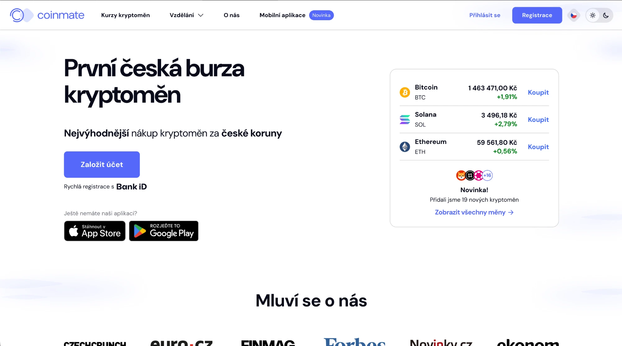 The old Coinmate website: a blue brand on white.