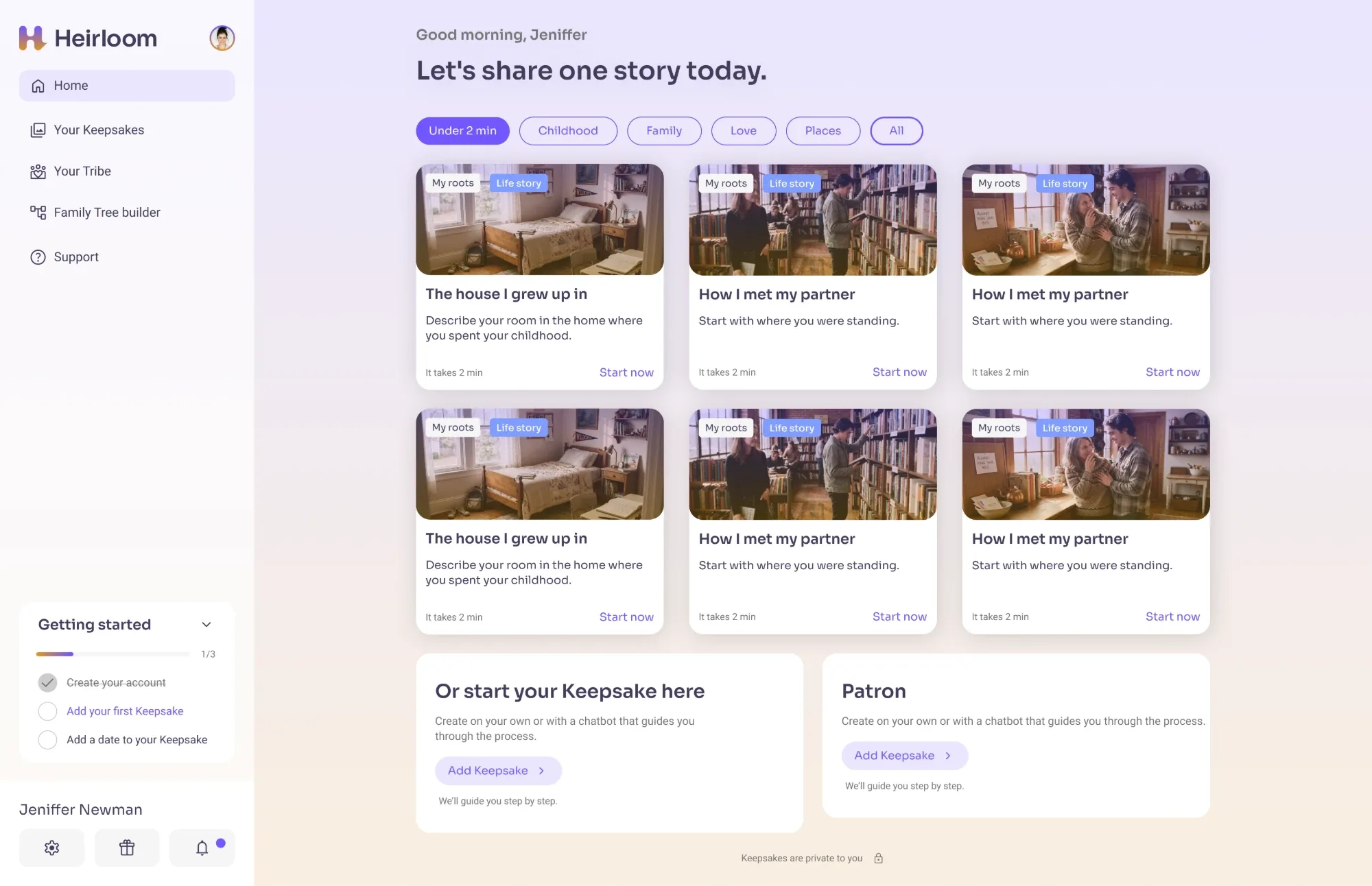 Heirloom home page on desktop: story prompts in cards and a button to add a keepsake