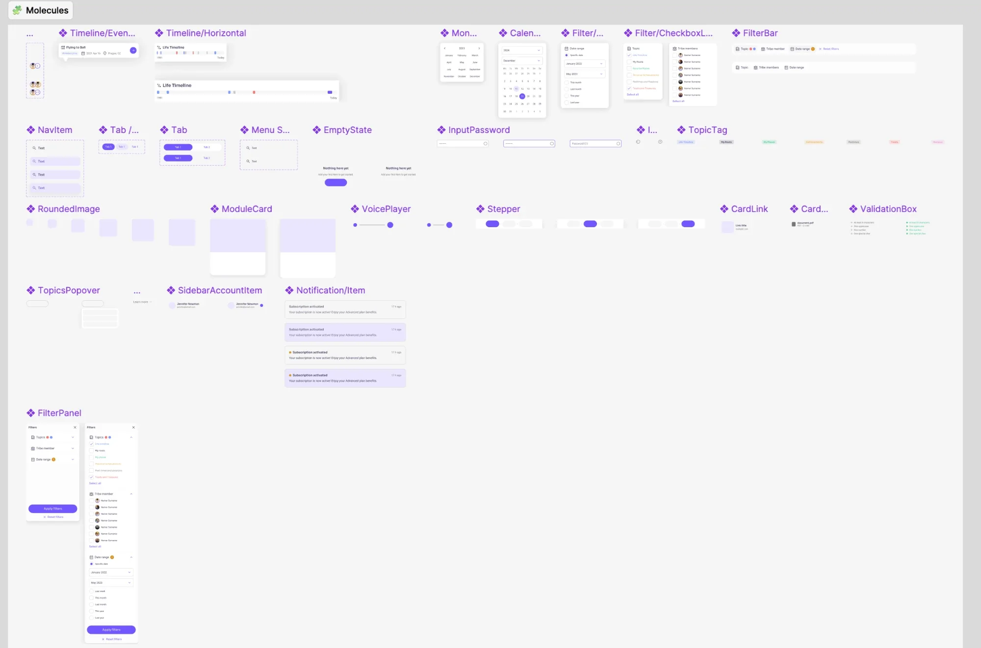 A page of components in the Heirloom design system in Figma: timeline, filters, calendar, notifications, and more