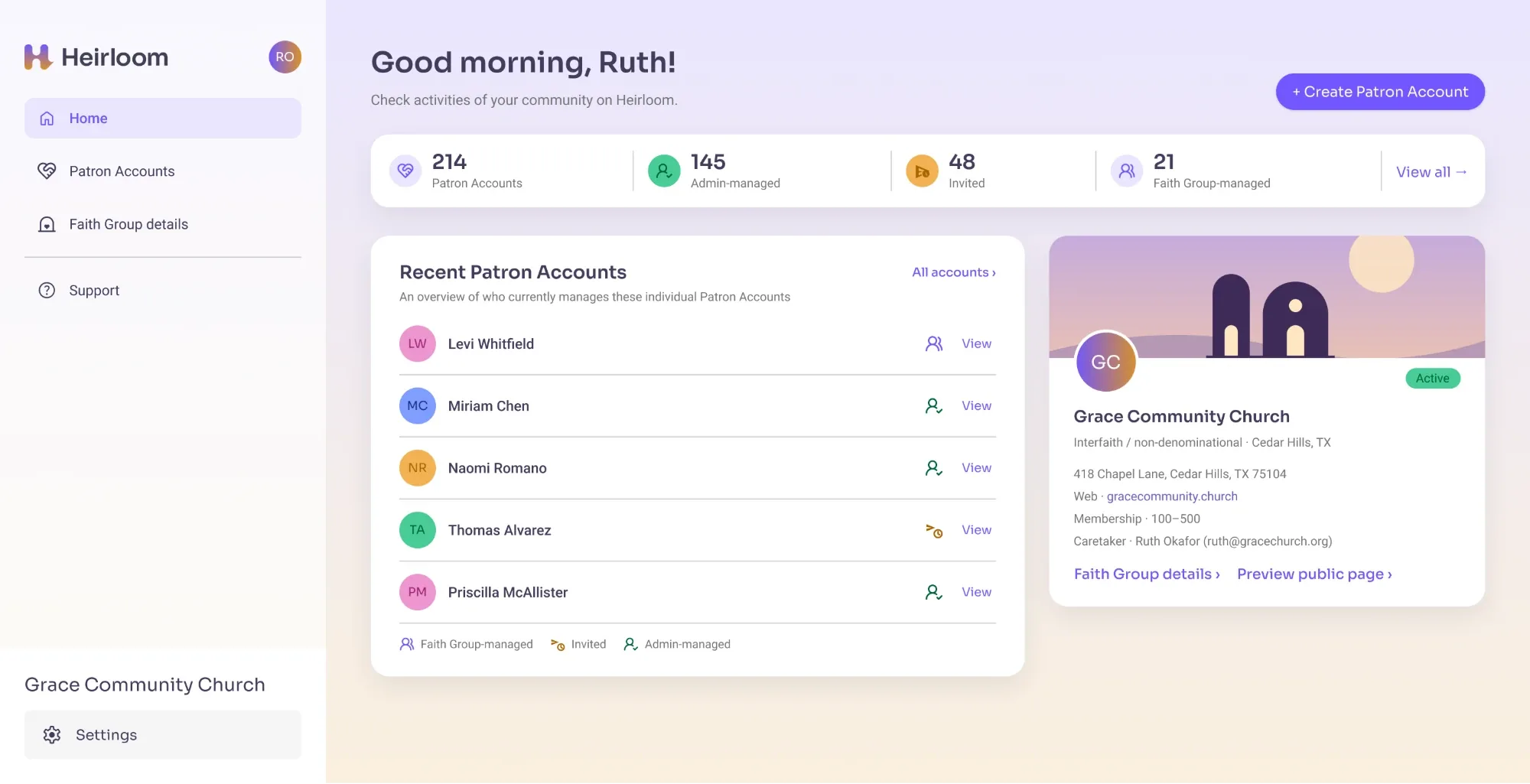 Heirloom dashboard for a faith community: member account counts, recent accounts, and the community card